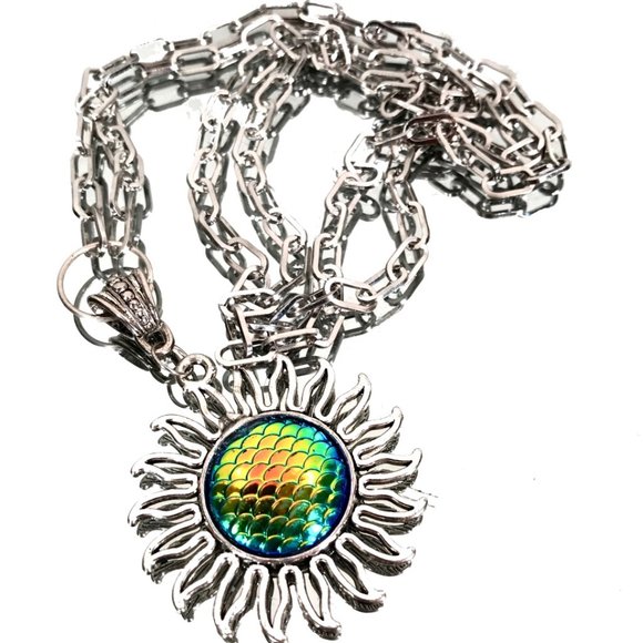 Conceptual Subculture Jewelry - Holographic Sun Silver Pendant Necklace Stainless Steel Cable Chain Boho Hippie